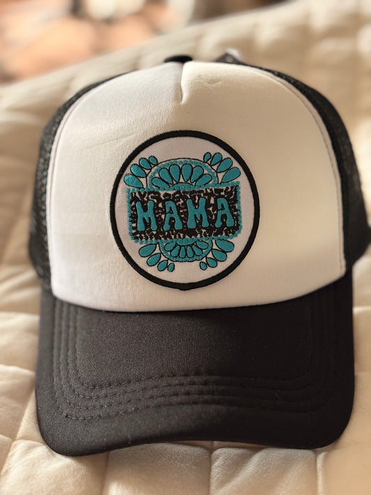 MAMA Trucker Hat | Black & Turquoise